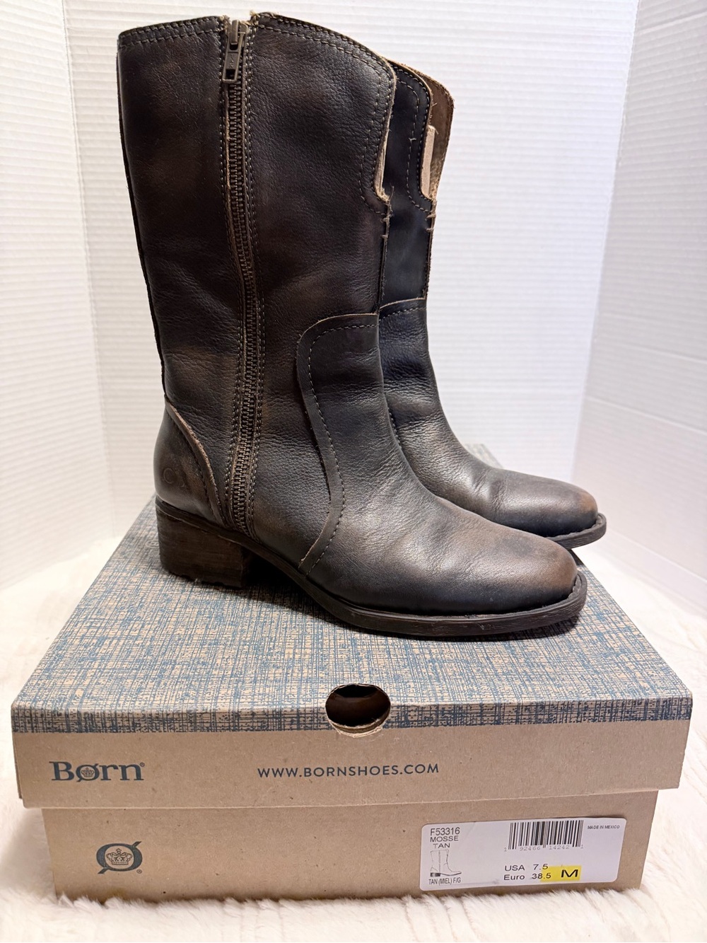Born Brown Leather Mid-Calf Zip Heeled Boots
